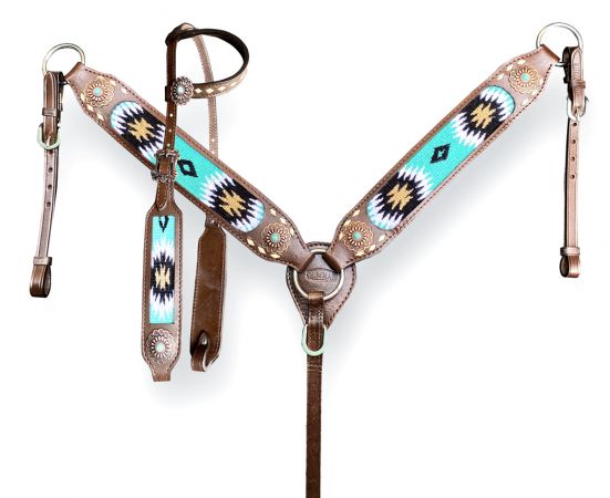 Showman Browband Headstall &amp; Breast collar set with wool southwest blanket inlay and white buckstitch accents